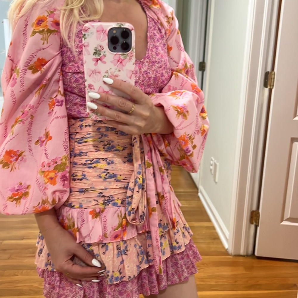 LOVESHACKFANCY Rina Floral Print Ruffled Mini Dress, Exploded Pink - Picture 4 of 5